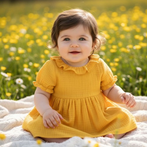 Rochiță galbenă pentru bebe fetițe din bumbac 100%, cu volane și mâneci scurte, 3.4745PV22GA